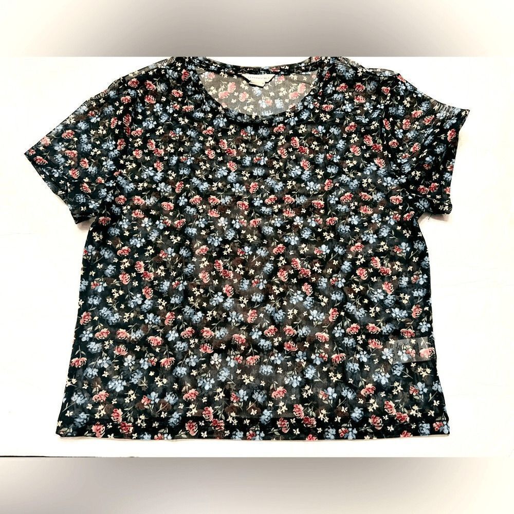Aeropostale Floral Blouse Top Size Large Sheer Black with Multicolored Flowers